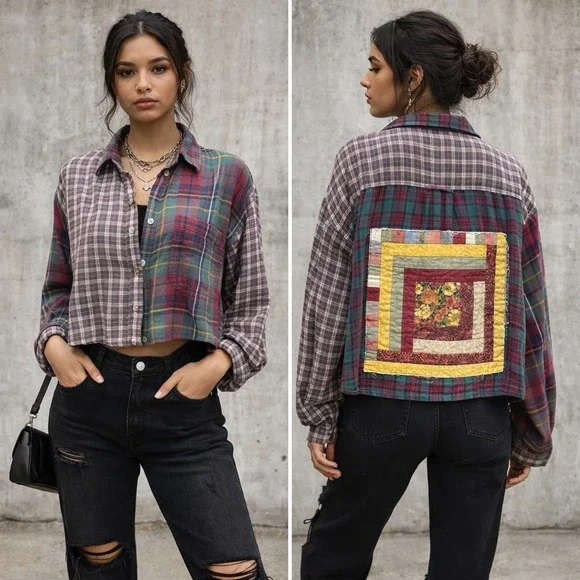 AMERICAN EAGLE Women Cozy Cabin Cropped Flannel Size Large Plaid Upcycled Grunge - Picture 1 of 14